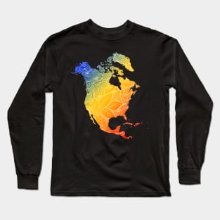 Colorful mandala art map of North America with text in blue, yellow, and red Long Sleeve T-Shirt